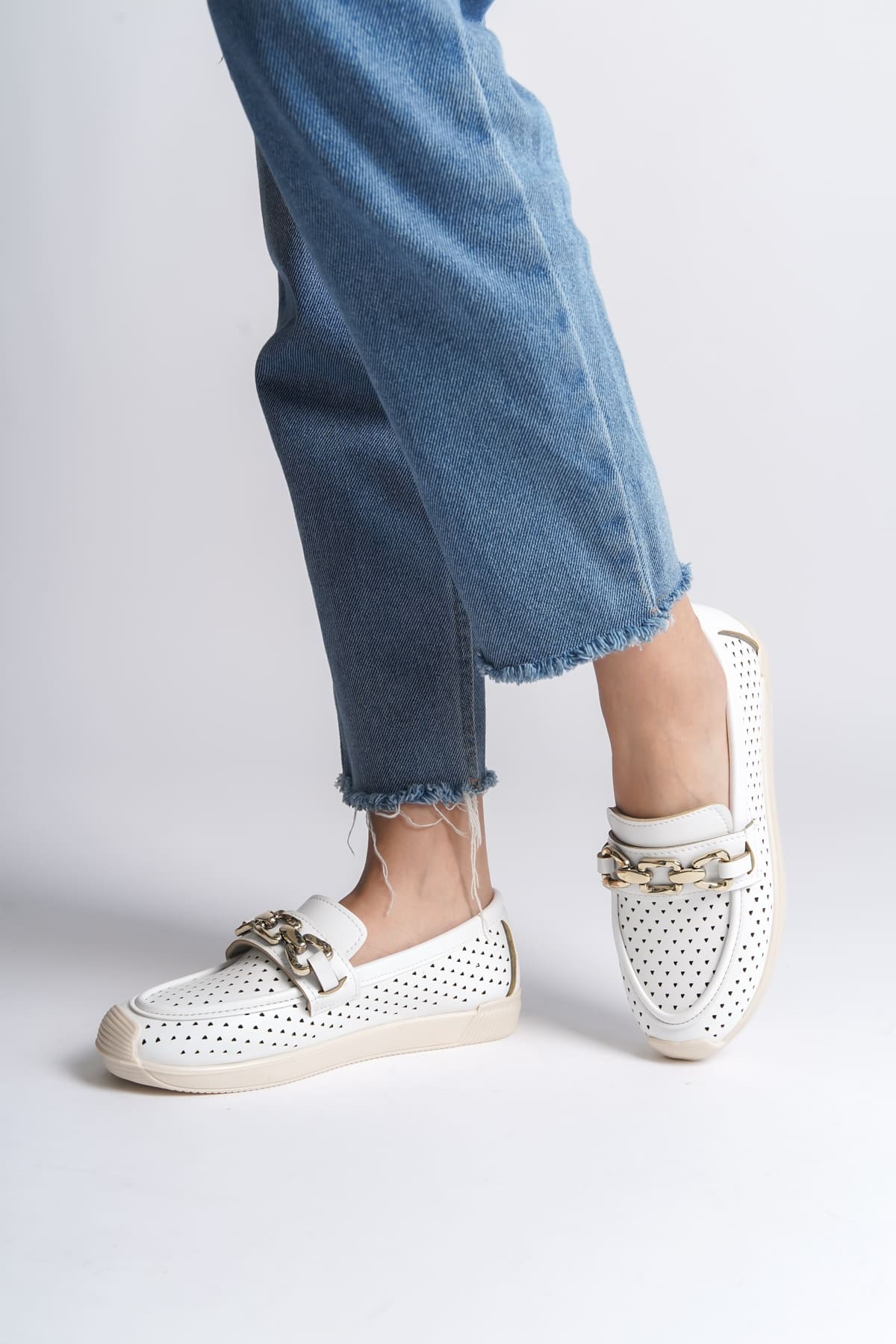 LAYLA Bağcıksız Ortopedik Rahat Taban Kalp Desenli Kadın Babet Ayakkabı  CKT - Beyaz - 36 Resim 2