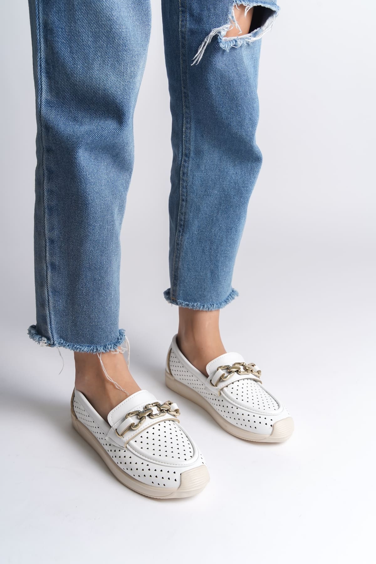 LAYLA Bağcıksız Ortopedik Rahat Taban Kalp Desenli Kadın Babet Ayakkabı  CKT - Beyaz - 36