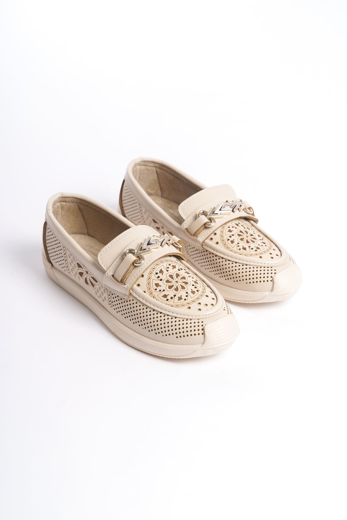 LILY Bağcıksız Ortopedik Rahat Taban Çiçek Desenli Kadın Babet Ayakkabı CKT - Krem - 37 Resim 4