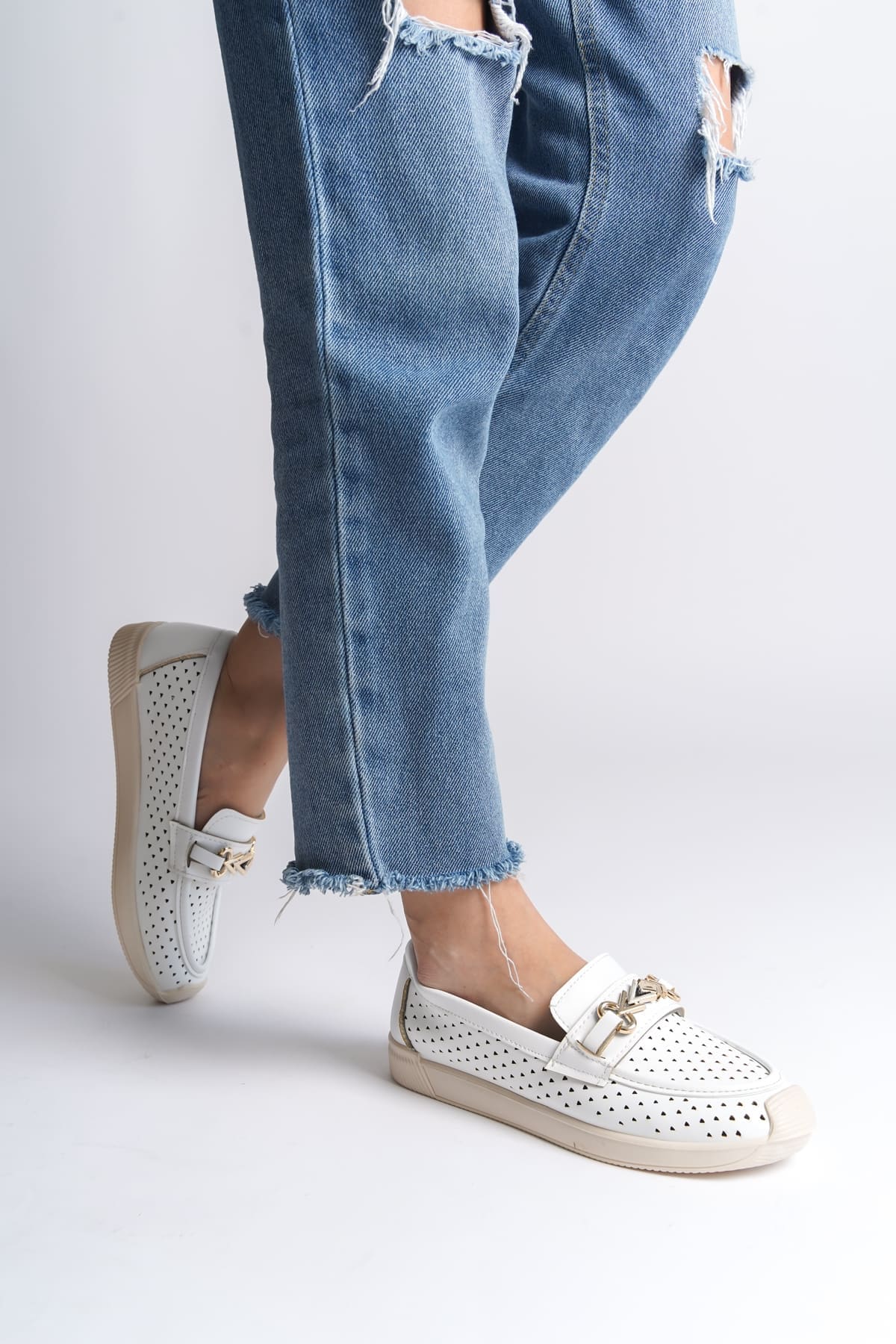 LILY Bağcıksız Ortopedik Rahat Taban Kalp Desenli Kadın Babet Ayakkabı  CKT - Beyaz - 39