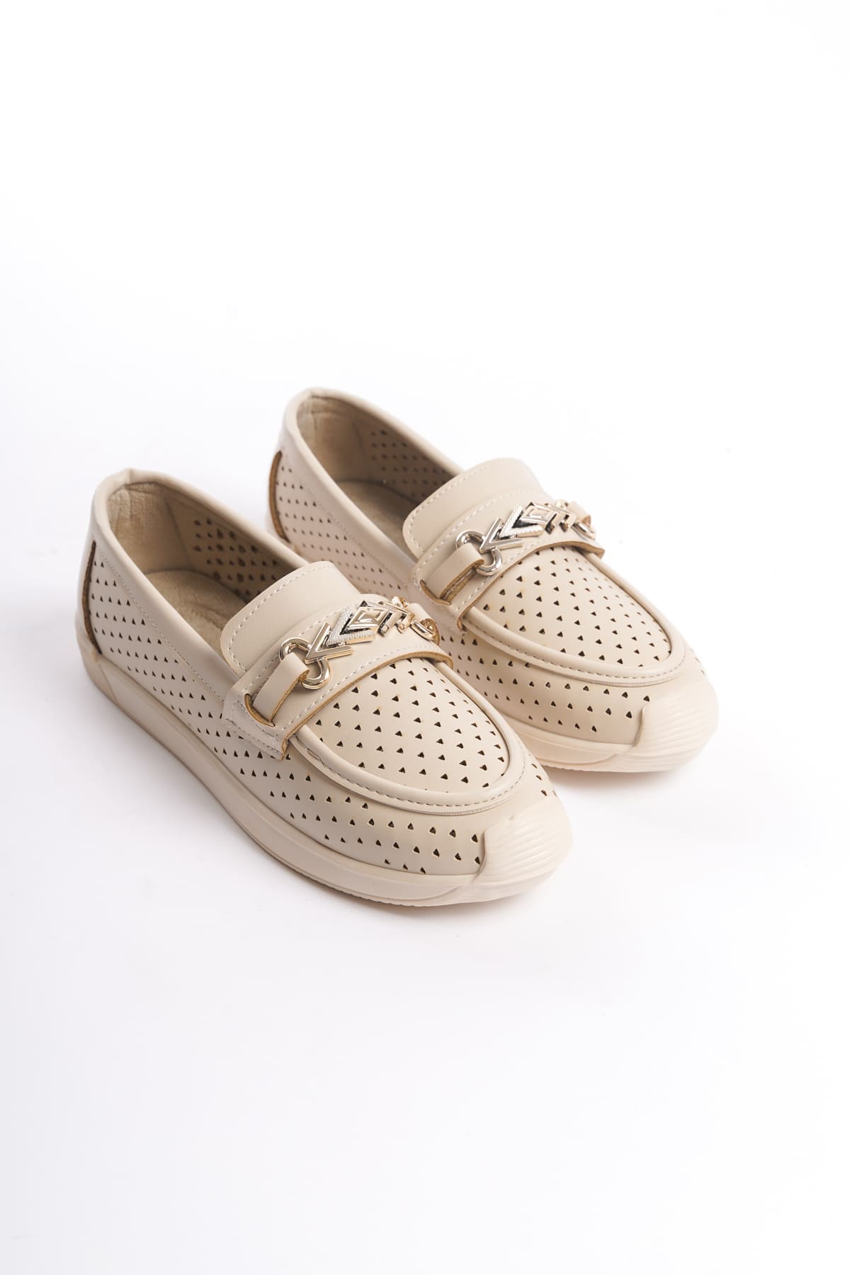 LILY Bağcıksız Ortopedik Rahat Taban Kalp Desenli Kadın Babet Ayakkabı  CKT - Krem - 38 Resim 4