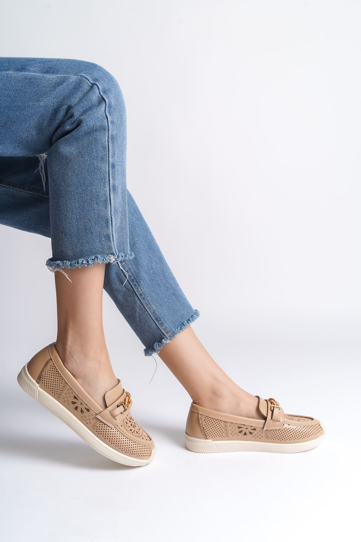 LIZY Bağcıksız Ortopedik Rahat Taban Çiçek Desenli Kadın Babet Ayakkabı CKT - Ten - 38 Resim 2