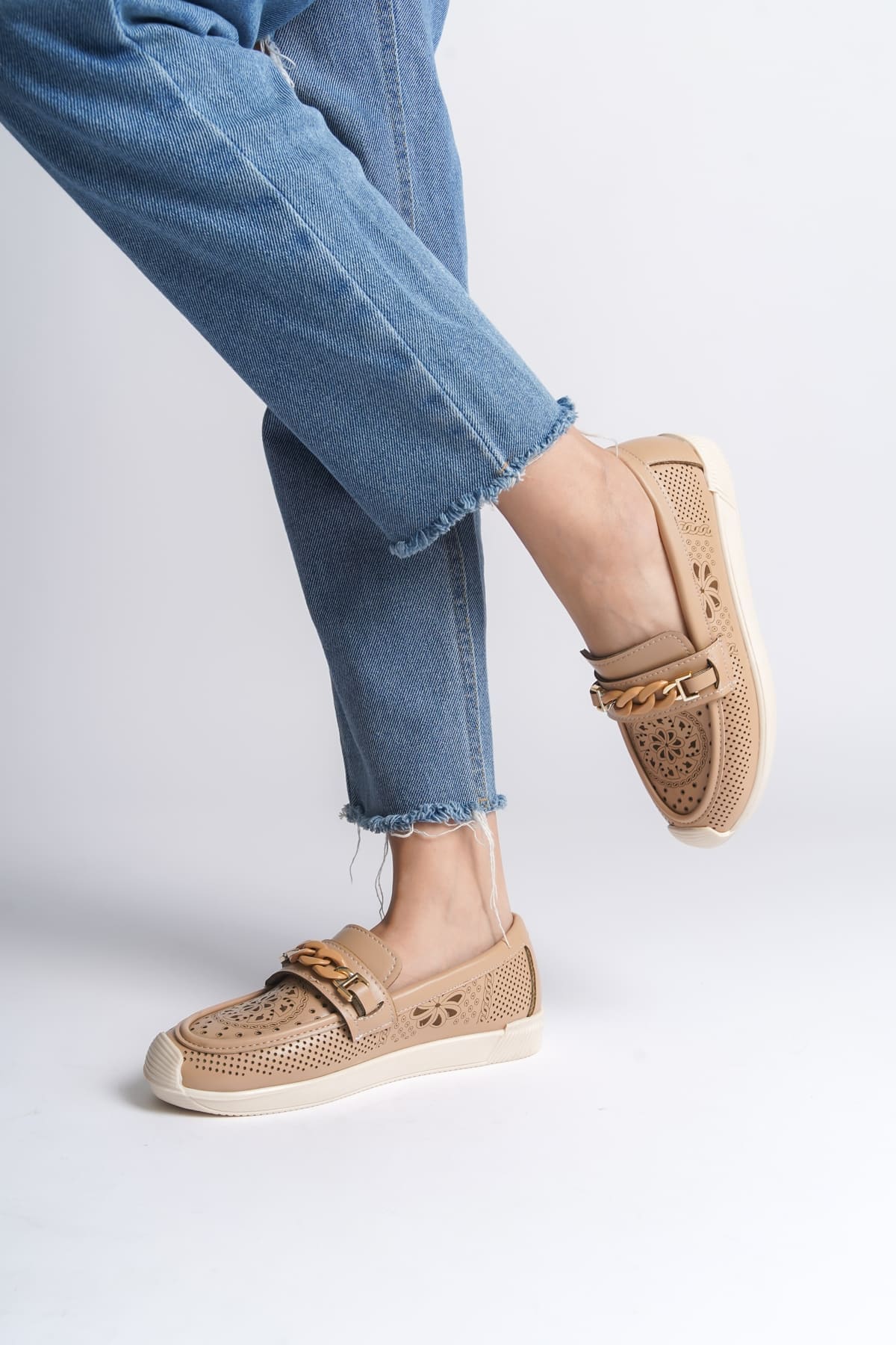 LIZY Bağcıksız Ortopedik Rahat Taban Çiçek Desenli Kadın Babet Ayakkabı CKT - Ten - 38 Resim 3