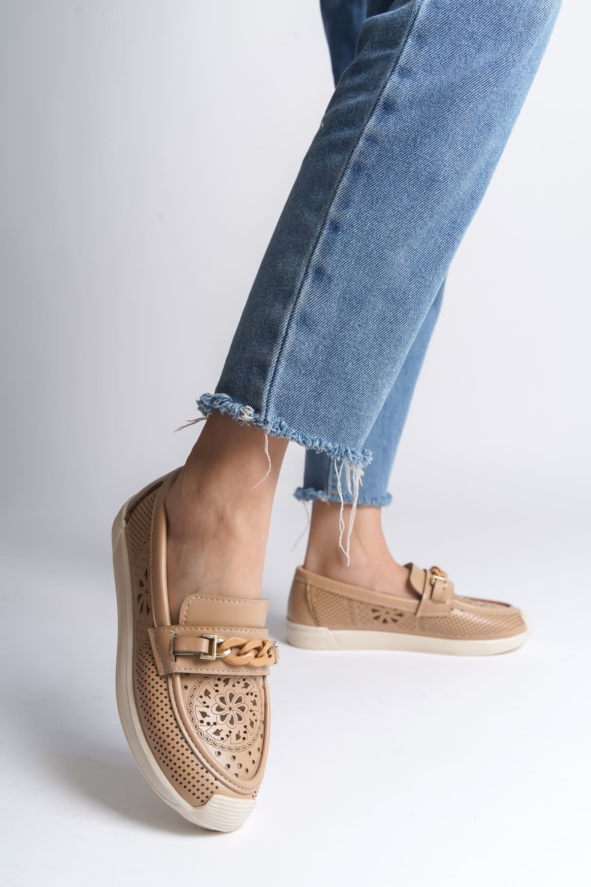 LIZY Bağcıksız Ortopedik Rahat Taban Çiçek Desenli Kadın Babet Ayakkabı CKT - Ten - 37