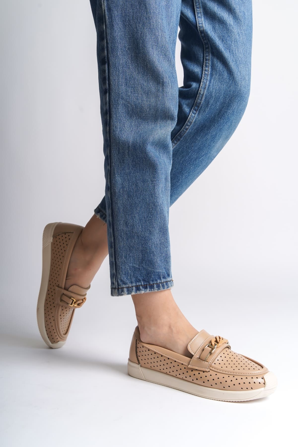 LIZY Bağcıksız Ortopedik Rahat Taban Kalp Desenli Kadın Babet Ayakkabı  CKT - Ten - 39