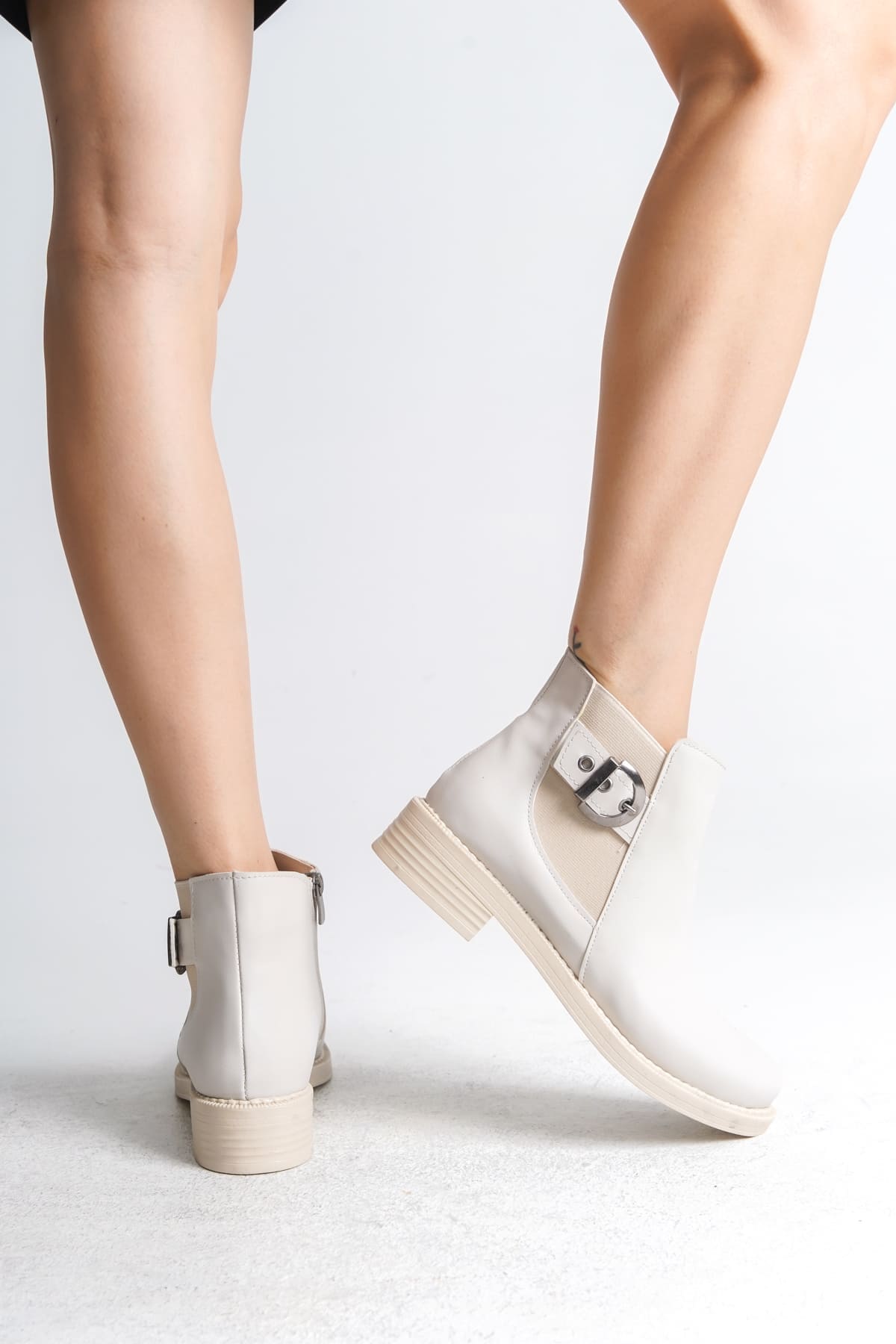 LUNA Fermuarlı Lastikli Ortopedik Taban Topuklu Kadın Bot CKT - Krem - 37 Resim 4