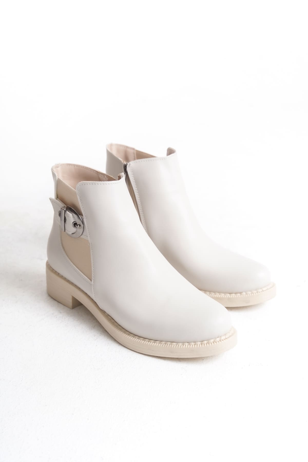 LUNA Fermuarlı Lastikli Ortopedik Taban Topuklu Kadın Bot CKT - Krem - 37 Resim 5