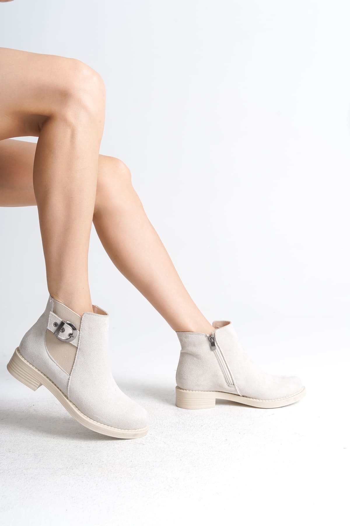 Joy Woman LUNA Krem Süet Fermuarlı Lastikli Ortopedik Taban Kadın Bot