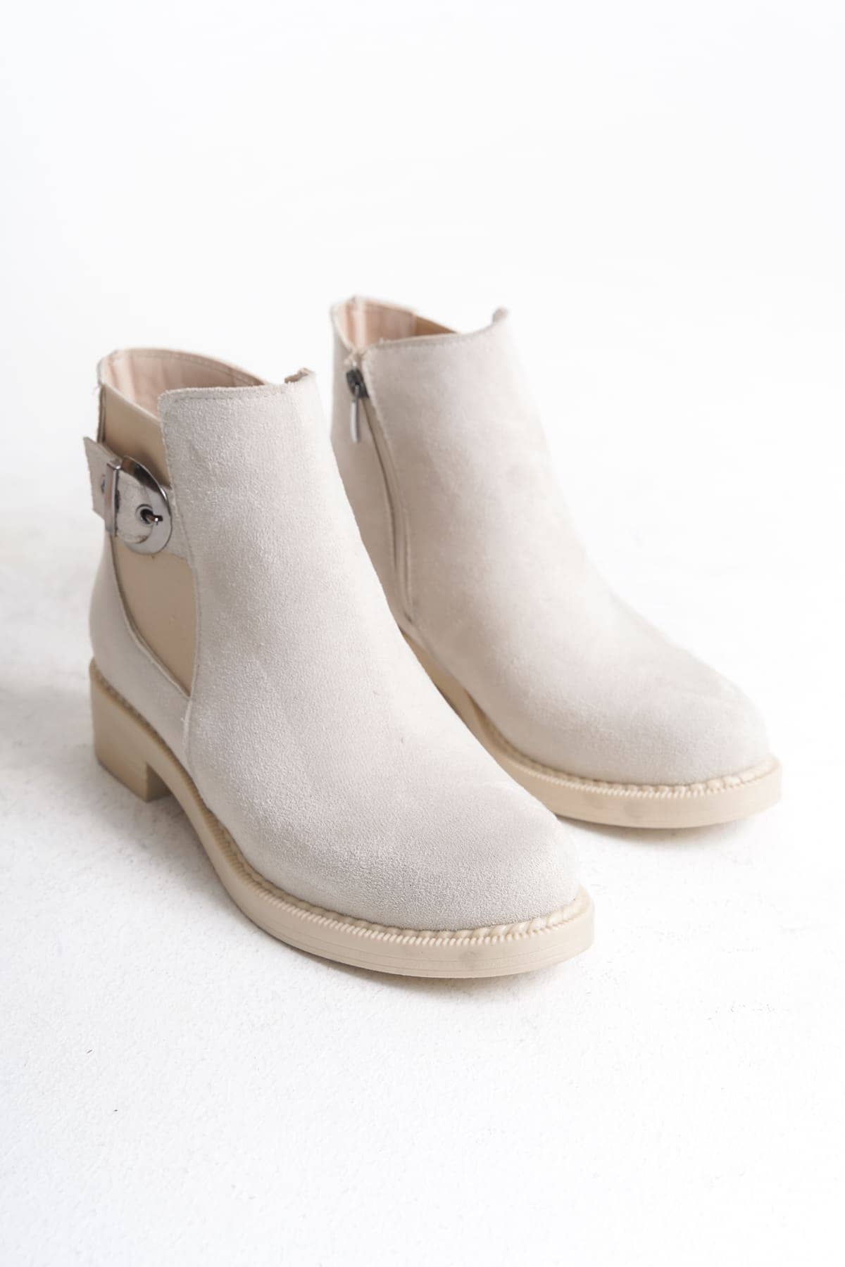 Joy Woman LUNA Krem Süet Fermuarlı Lastikli Ortopedik Taban Kadın Bot