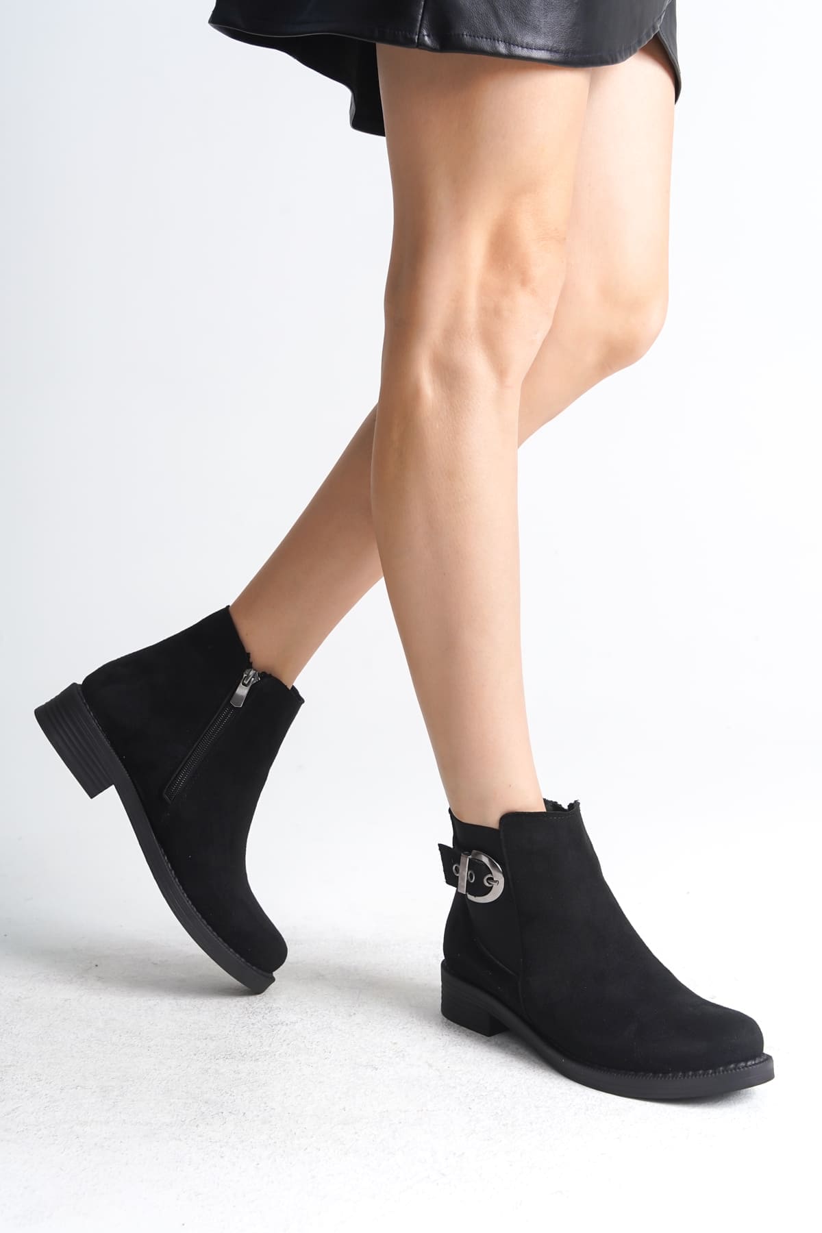 LUNA Fermuarlı Lastikli Ortopedik Taban Topuklu Süet Kadın Bot SST - Siyah - 36 Resim 2