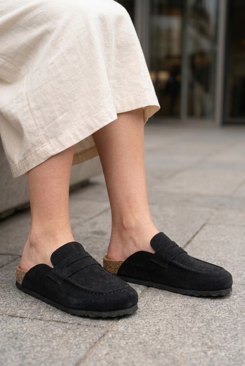 LUVRA Bağcıksız Hakiki Süet Deri Kadın Günlük Mantar Taban Loafer Klasik Ayakkabı HDMT - Siyah - 41