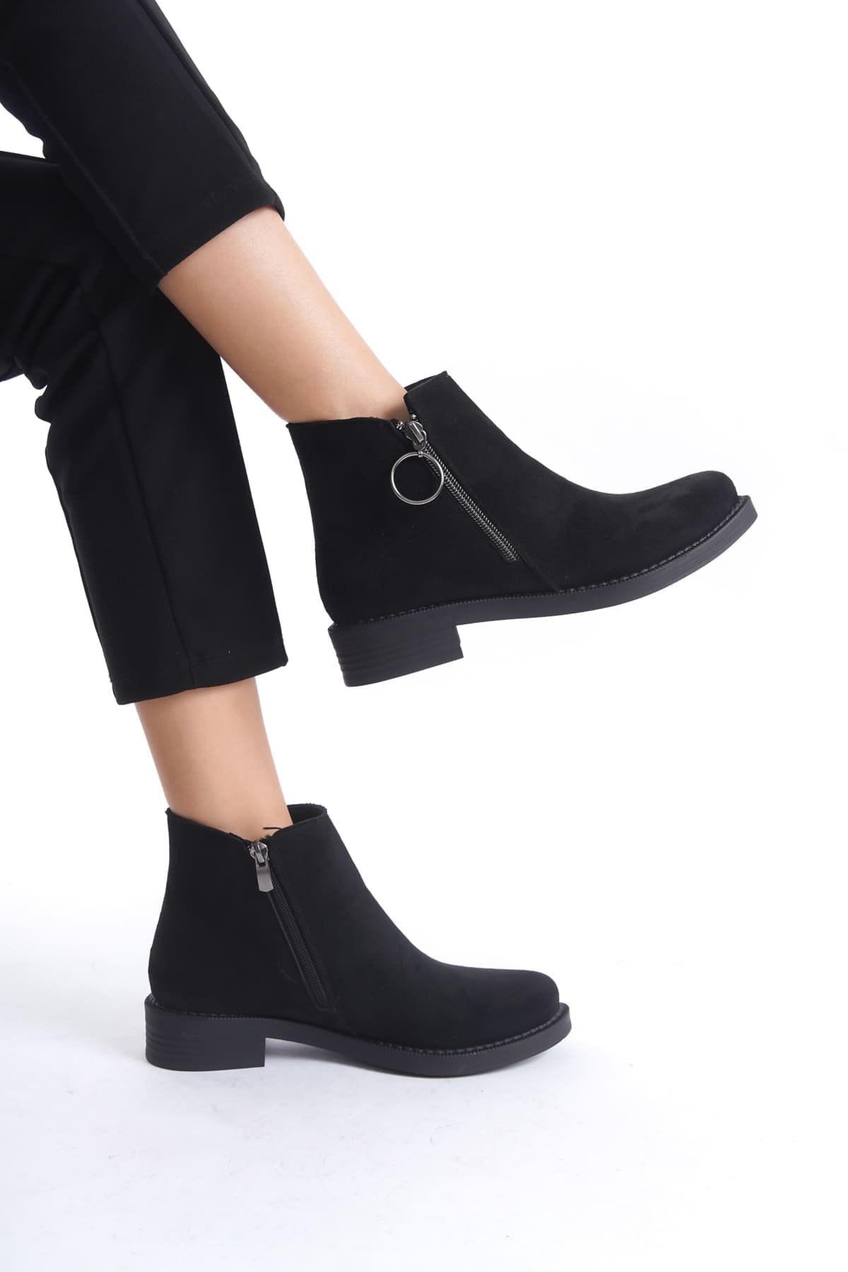 MARGARET Fermuarlı Ortopedik Taban Topuklu Süet Kadın Bot SST - Siyah - 36 Resim 3