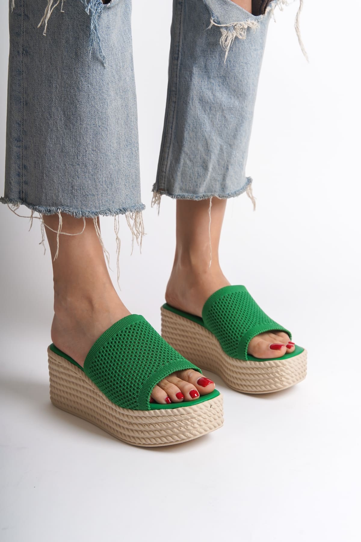 MARLA Filler Balled Orthopedic Base Mesh With Appearance Knitwear Women Slippers TKT - Green