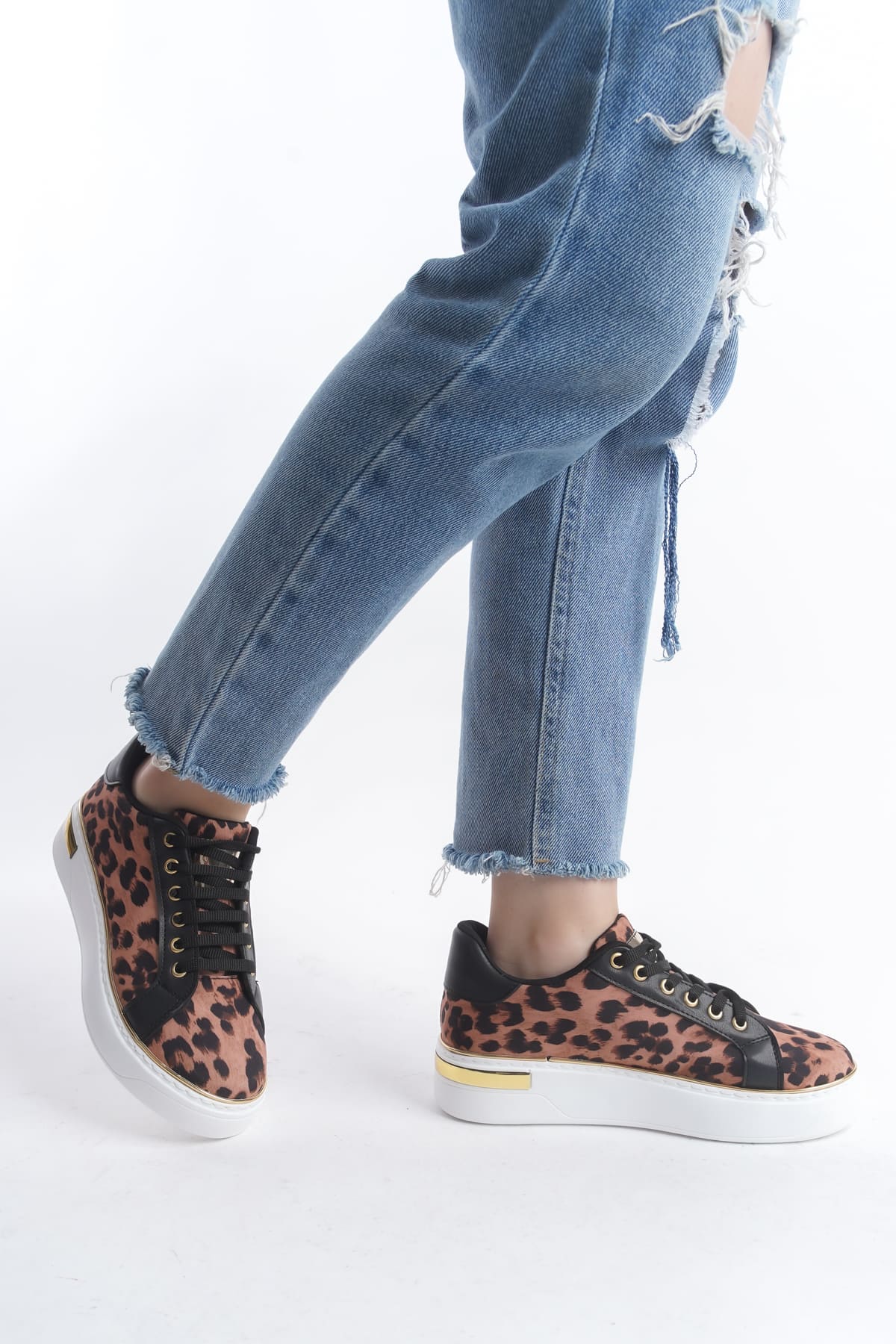 MINA Bağcıklı Ortopedik Taban Leopar Desenli Kadın Sneaker Spor Ayakkabı  TBT - Kahverengi - 39 Resim 2