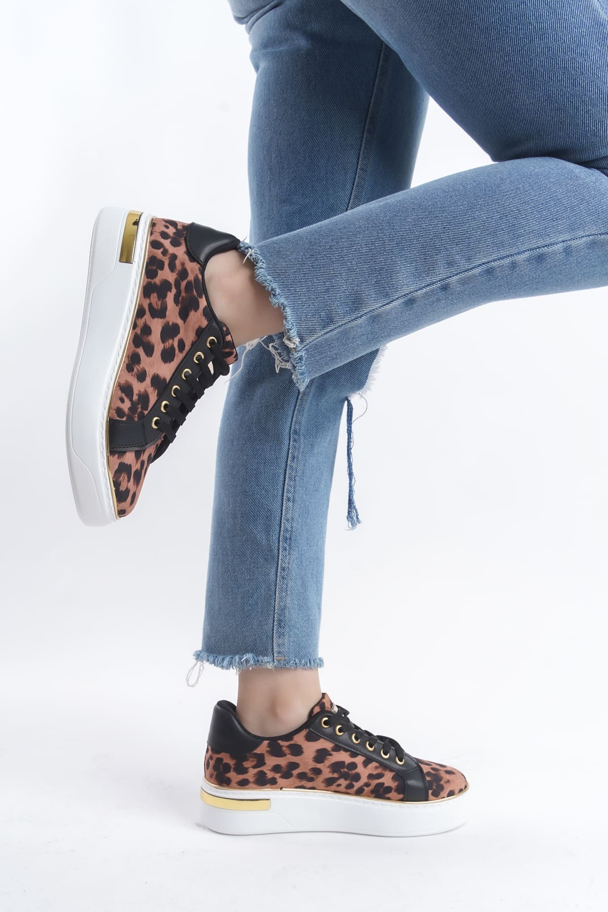 MINA Bağcıklı Ortopedik Taban Leopar Desenli Kadın Sneaker Spor Ayakkabı  TBT - Kahverengi - 39 Resim 3