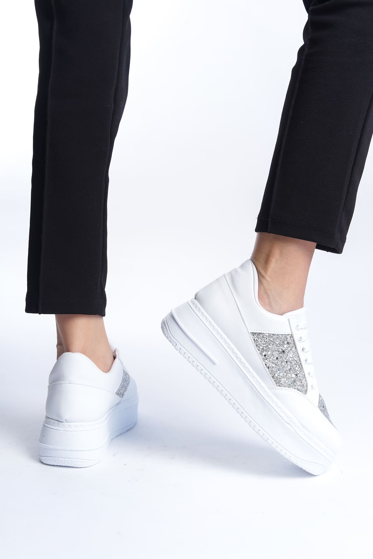 MIPA Bağcıklı Ortopedik Taban Simli Kadın Sneaker Spor Ayakkabı CBT - Beyaz - 37 Resim 3