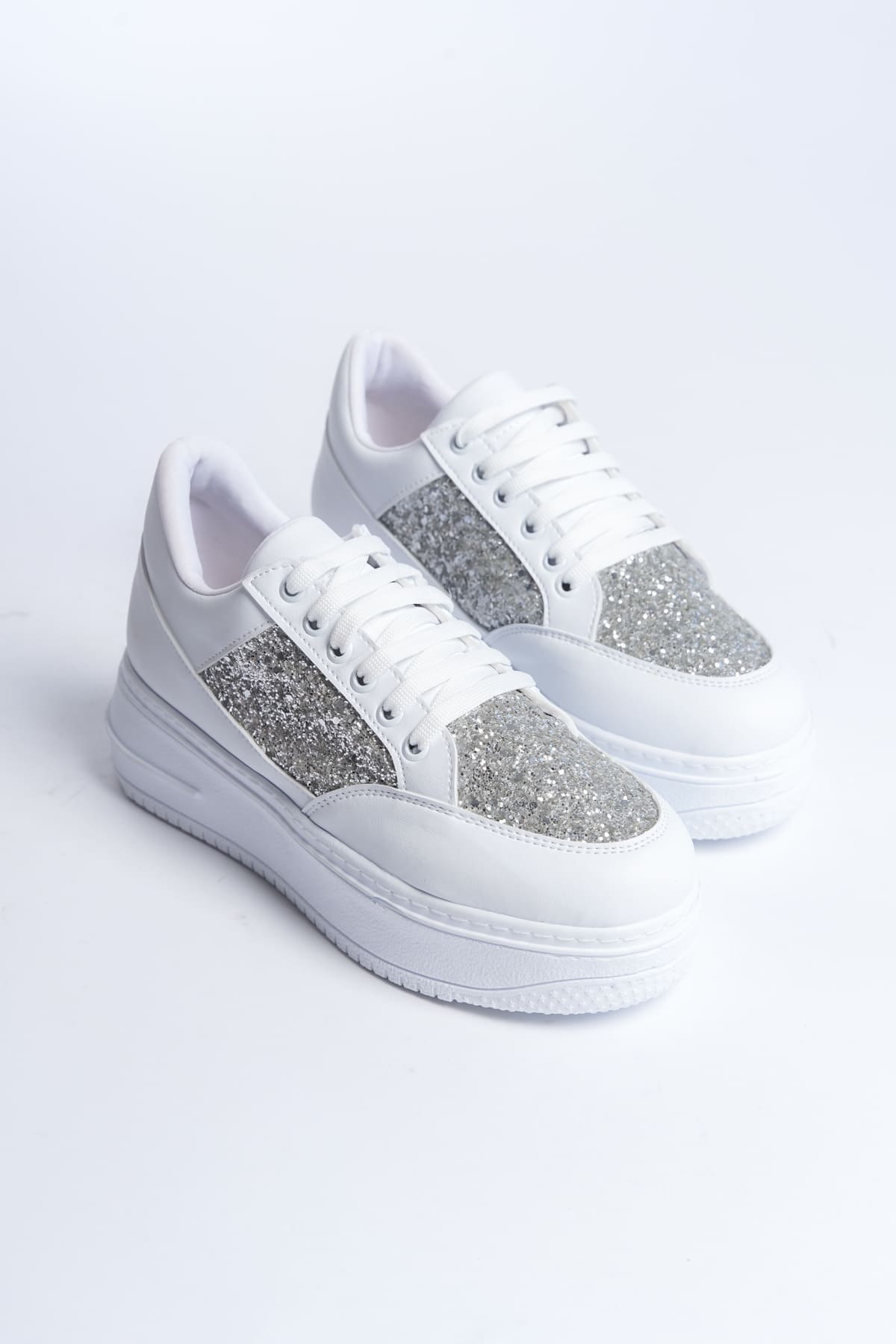 MIPA Bağcıklı Ortopedik Taban Simli Kadın Sneaker Spor Ayakkabı CBT - Beyaz - 37 Resim 4