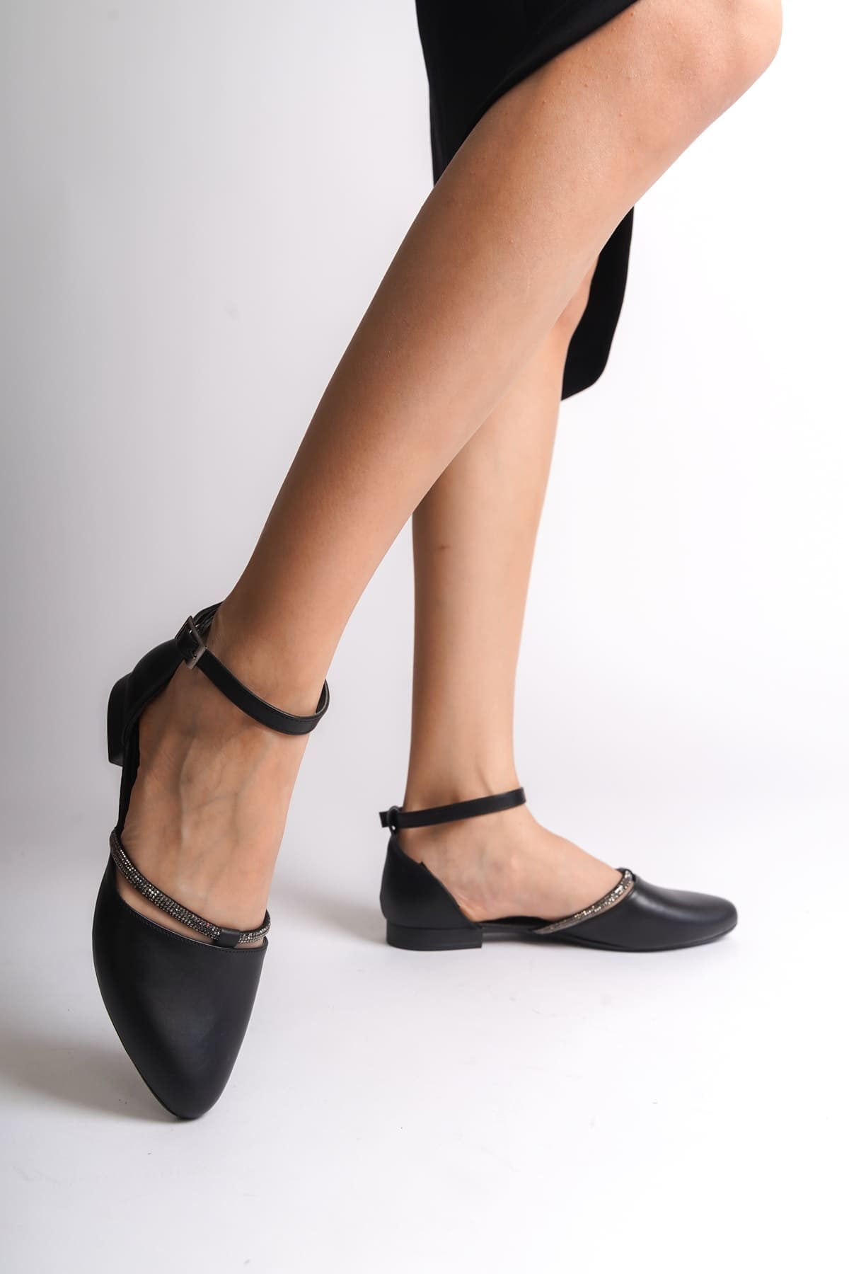 MONICA Buckleed Orthopedic Comfortable Base Stone Detailed Women Babet Shoes CST - Black