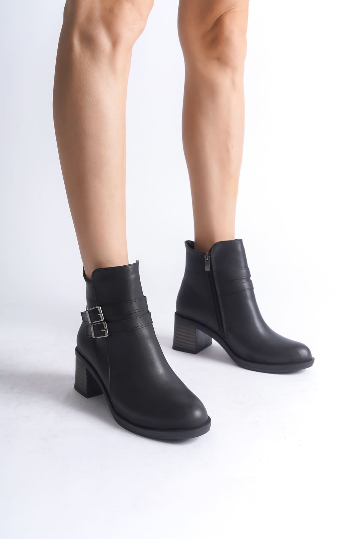 NOEMI Buckle Zippered Orthopedic Base HeelsWomen Bot CST - Black