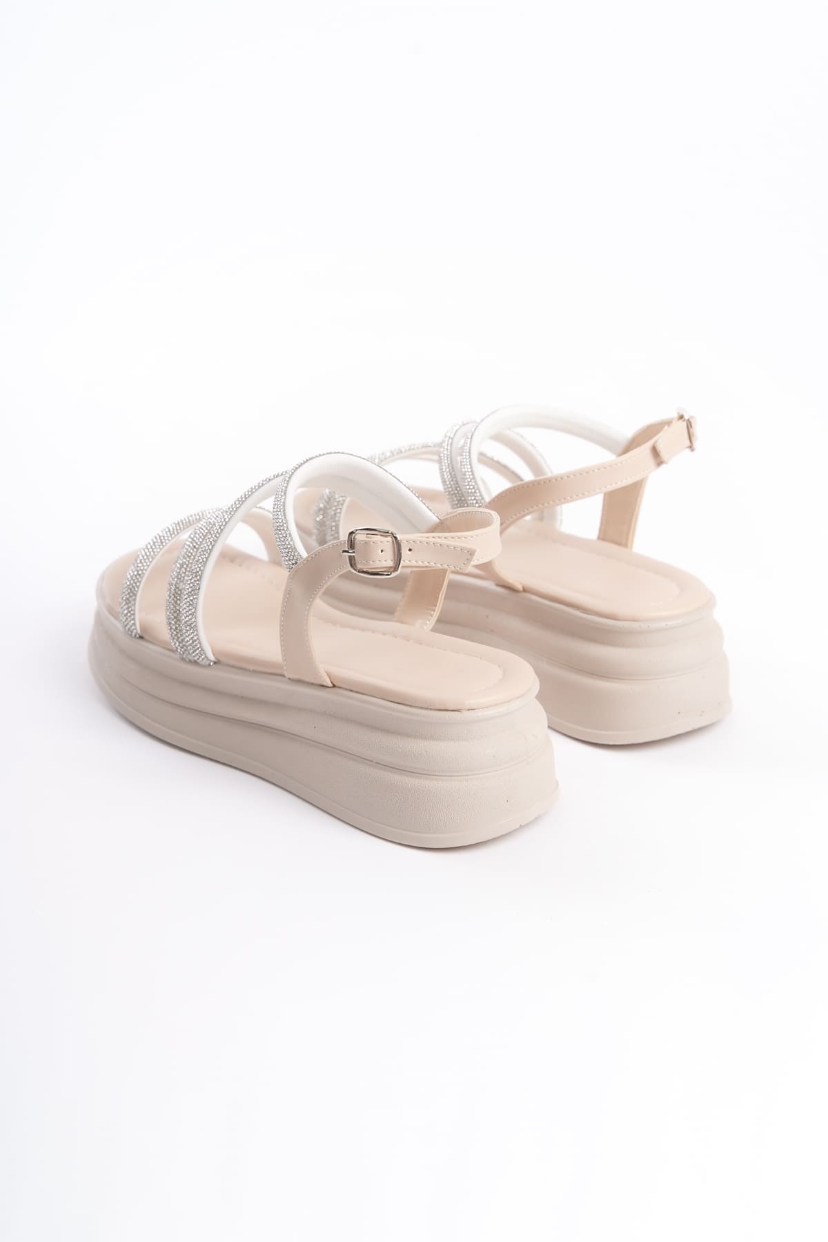 RILEY Krem Kadın Sandalet: Taşlı Şeritli, Ortopedik Tabanlı