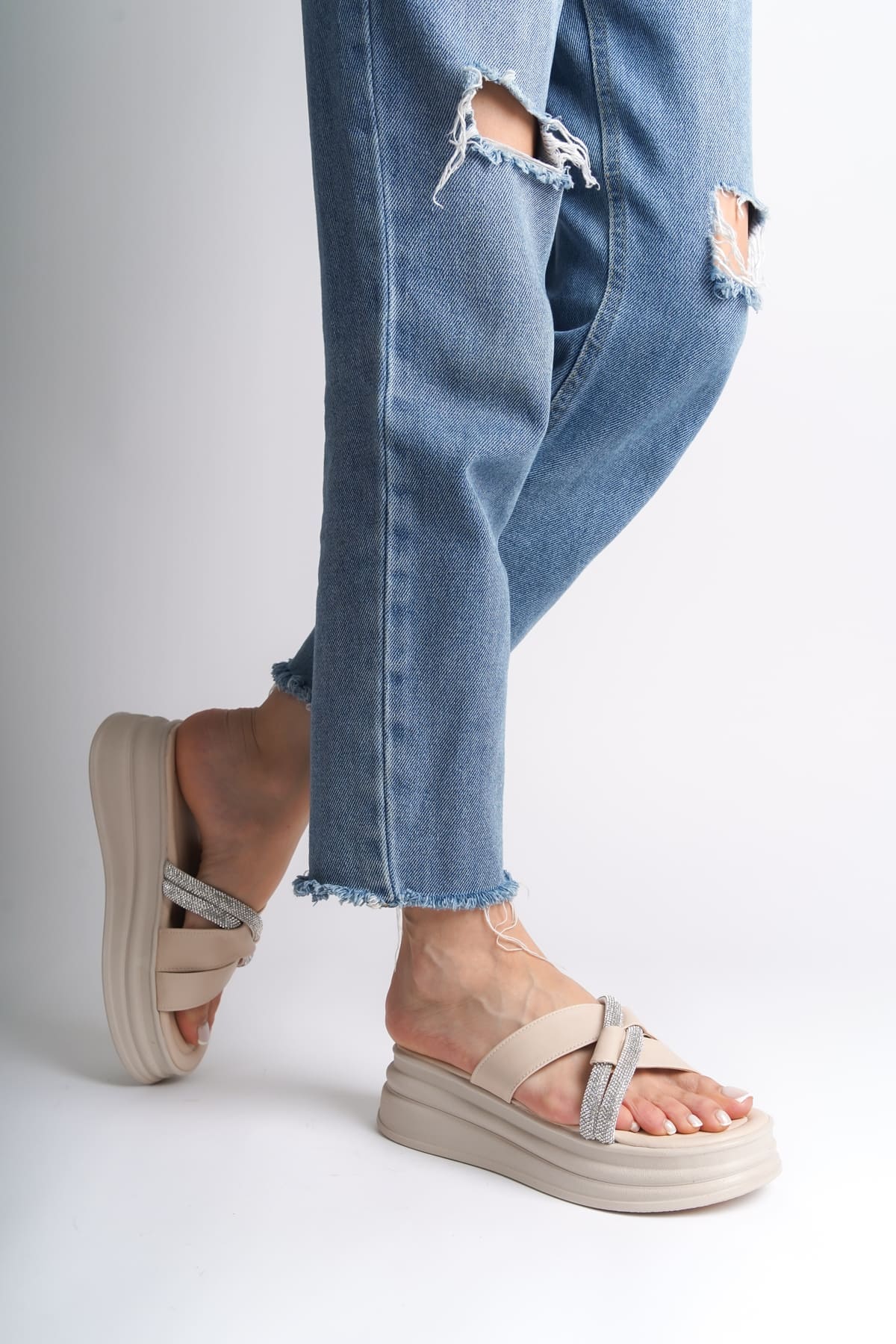 RUBY Plain Balled Stone Cross Stripe Thick and Orthopedic Base Female Slipper CKT - Cream