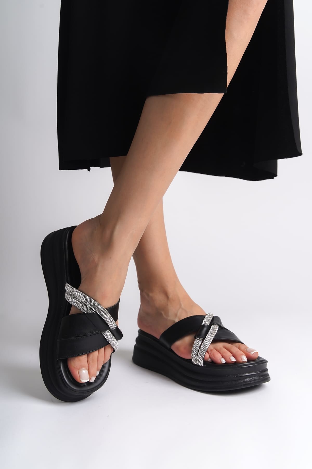 RUBY Plain Balled Stone Cross Stripe Thick and Orthopedic Base Female Slippers CST - Black