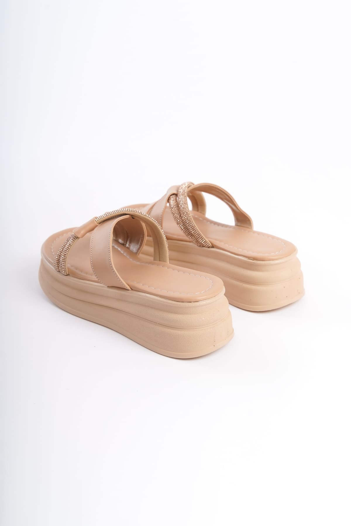 RUBY Düz Topuklu Taşlı Çapraz Şeritli Kalın ve Ortopedik Taban Kadın Terlik  CTT - Ten - 37 Resim 5