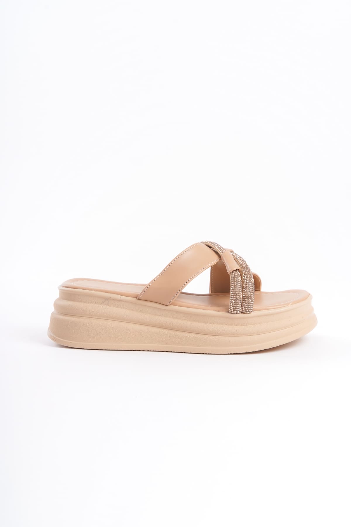 RUBY Taşlı Çapraz Şeritli Ten Rengi Kadın Terlik