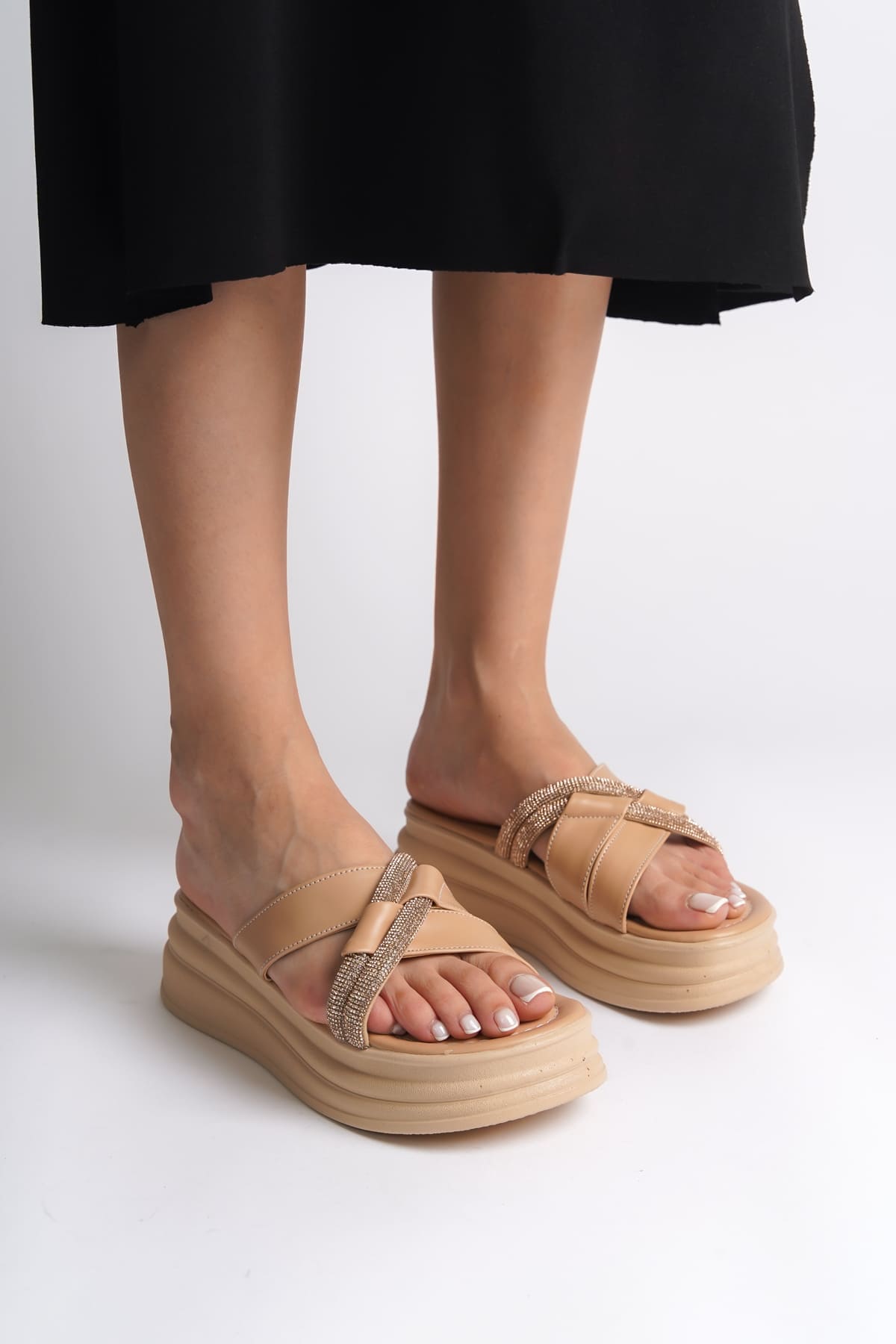 RUBY Plain Balled Stone Cross Stripe Thick and Orthopedic Base Female Slipper CTT - Ten