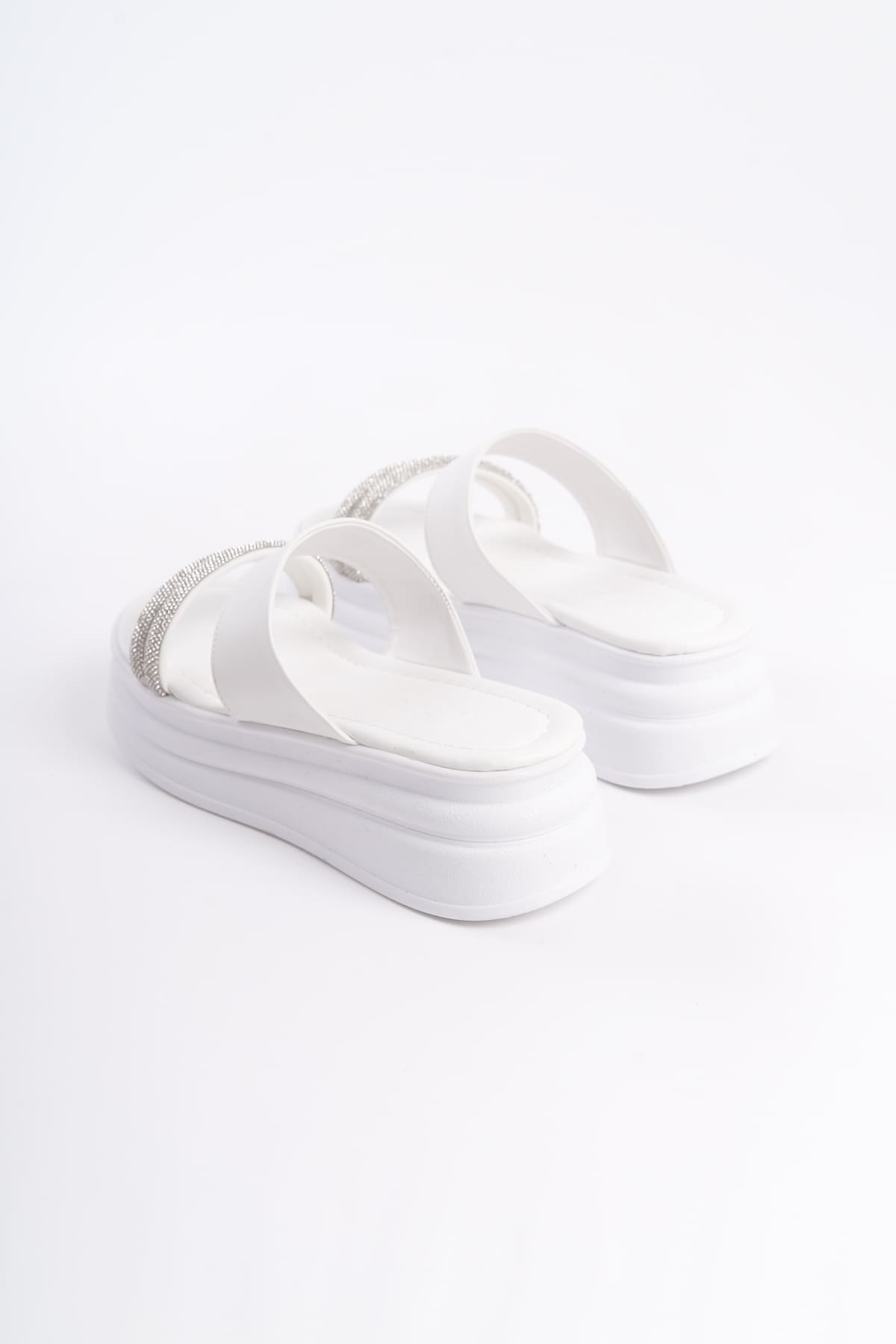 SARAH Düz Topuklu Taşlı Şeritli Kalın ve Ortopedik Taban Kadın Terlik  CBT - Beyaz - 37 Resim 5
