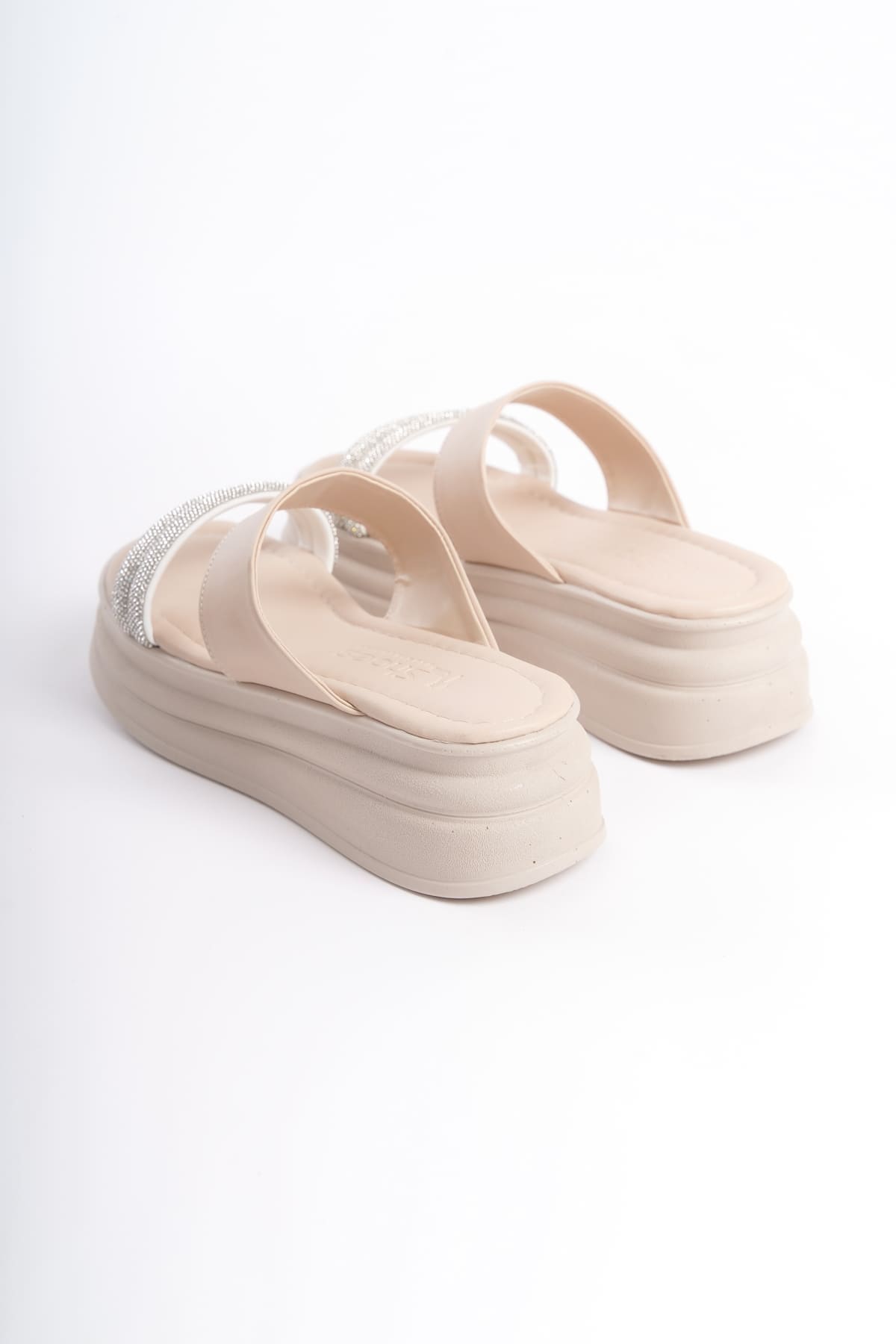 SARAH Düz Topuklu Taşlı Şeritli Kalın ve Ortopedik Taban Kadın Terlik  CKT - Krem - 39 Resim 5