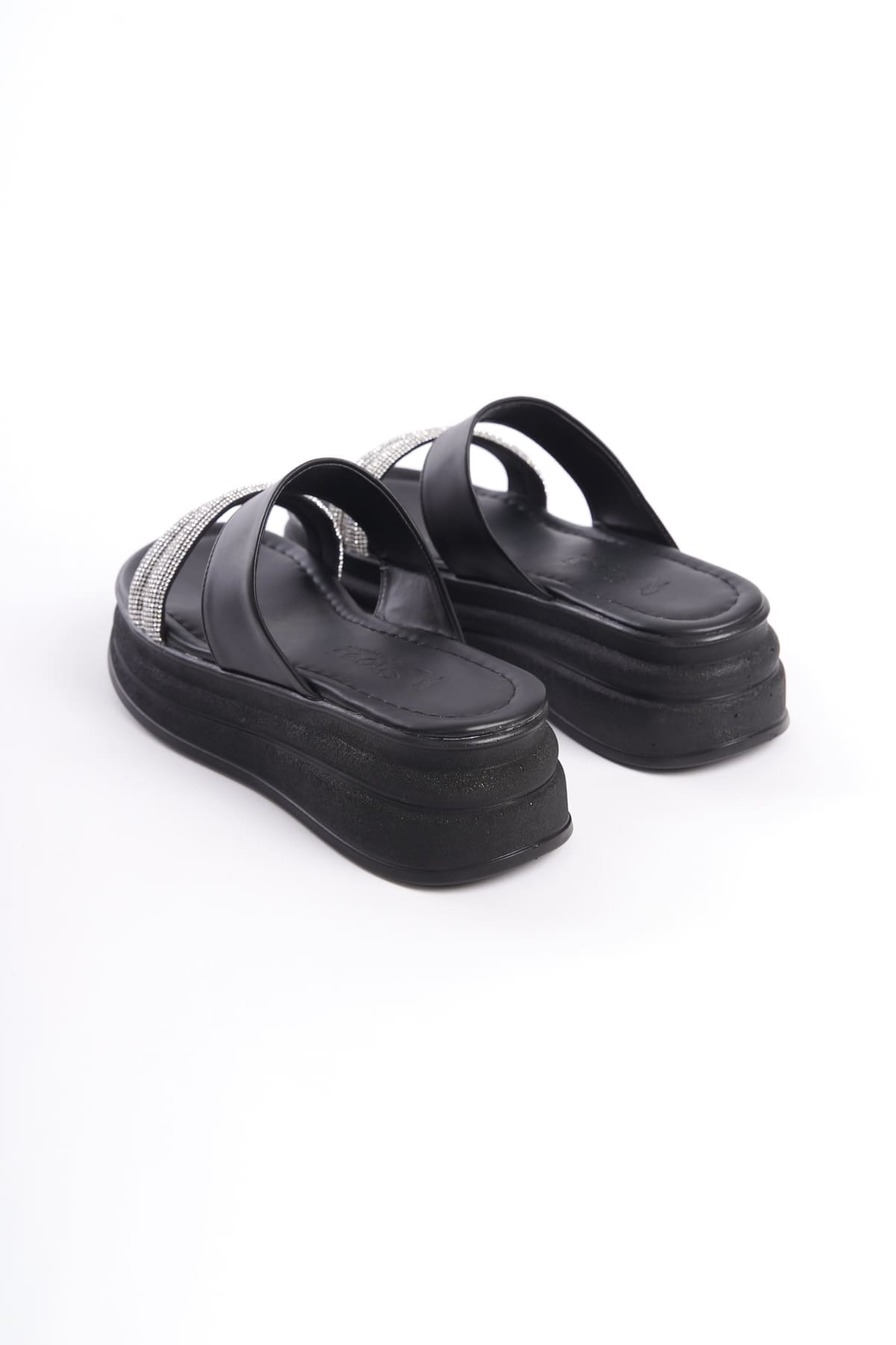 SARAH Düz Topuklu Taşlı Şeritli Kalın ve Ortopedik Taban Kadın Terlik CST - Siyah - 38 Resim 5