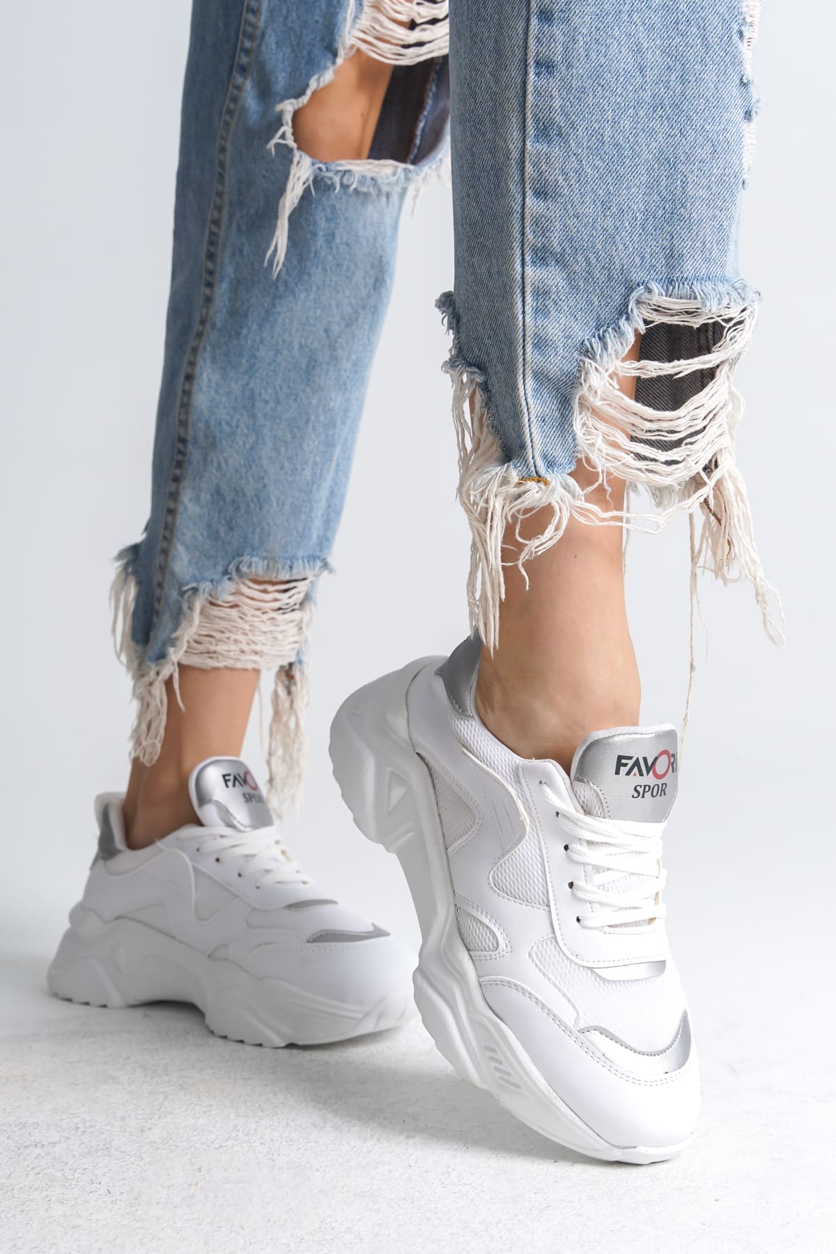 TOKYO Bağcıklı Ortopedik Taban Triko Detaylı Kadın Spor Ayakkabı TBT - Beyaz/Gri - 39 Resim 2