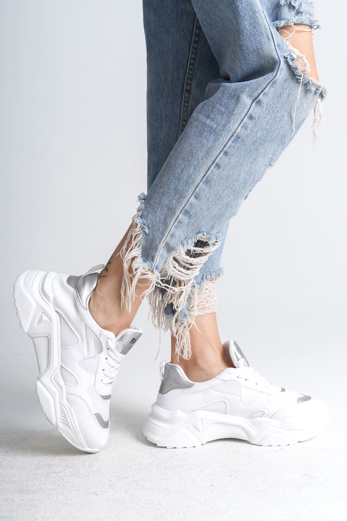 TOKYO Bağcıklı Ortopedik Taban Triko Detaylı Kadın Spor Ayakkabı TBT - Beyaz/Gri - 39 Resim 4