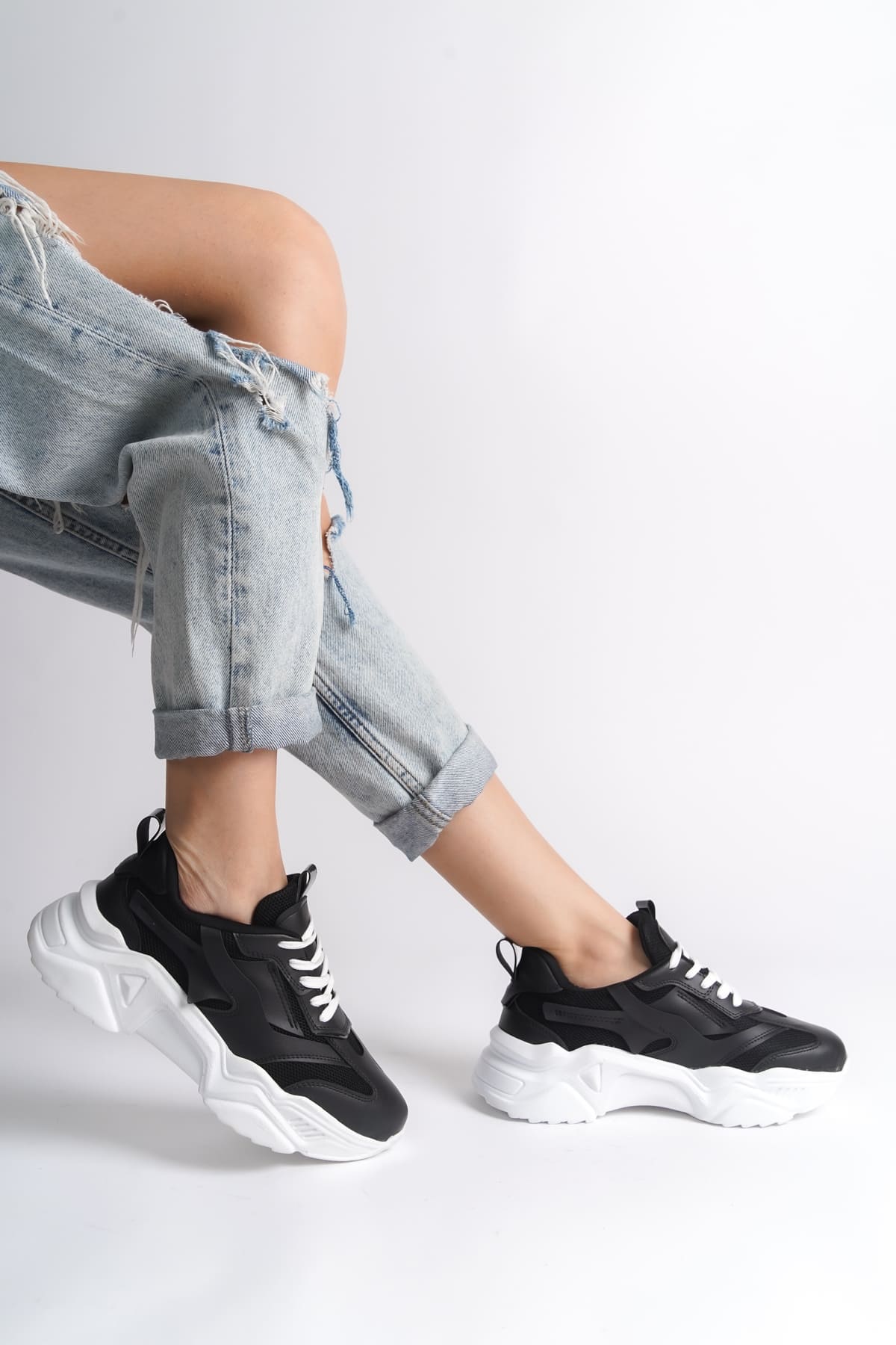 TOKYO Bağcıklı Ortopedik Taban Triko Detaylı Kadın Spor Ayakkabı  TBT - Siyah - 40 Resim 3