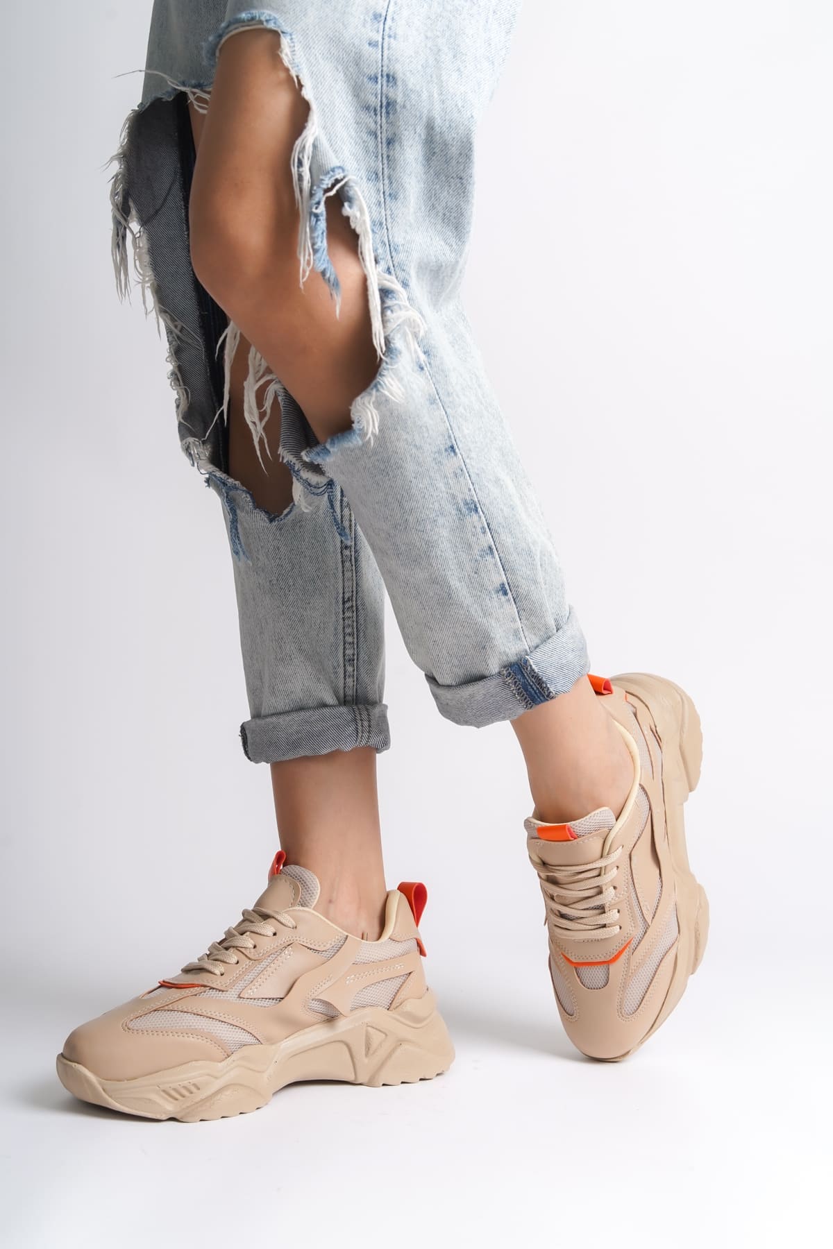 TOKYO Bağcıklı Ortopedik Taban Triko Detaylı Kadın Spor Ayakkabı  TTT - Ten/Turuncu - 39 Resim 2