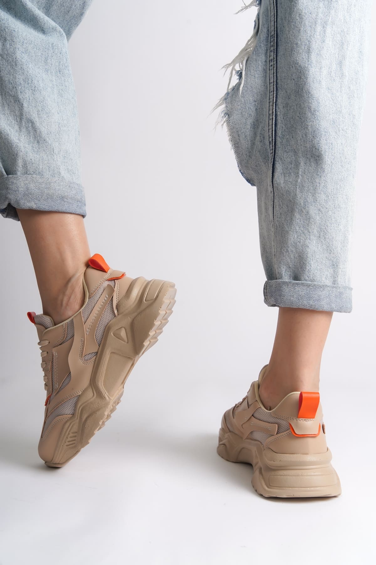 TOKYO Bağcıklı Ortopedik Taban Triko Detaylı Kadın Spor Ayakkabı  TTT - Ten/Turuncu - 39 Resim 3