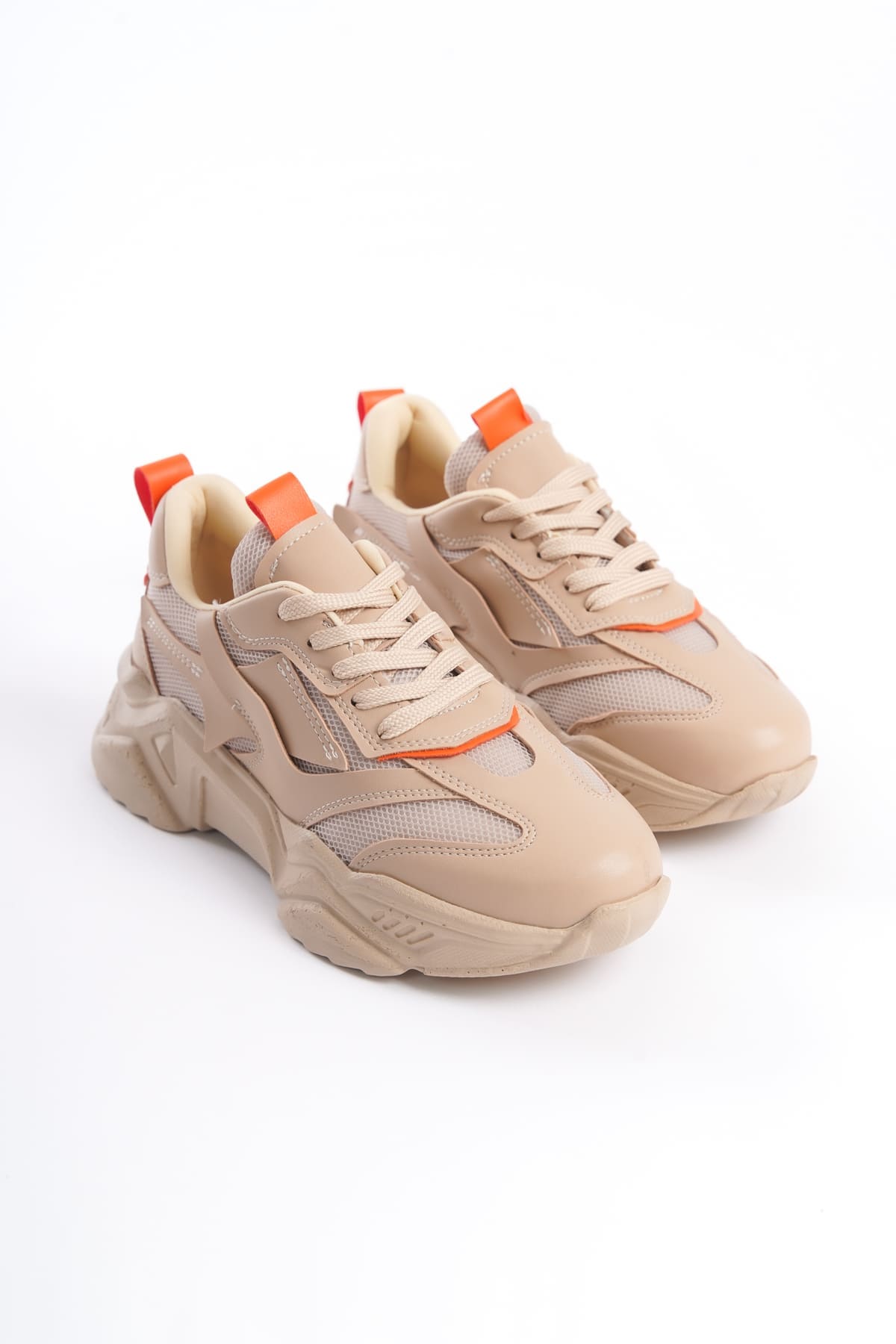 TOKYO Bağcıklı Ortopedik Taban Triko Detaylı Kadın Spor Ayakkabı  TTT - Ten/Turuncu - 39 Resim 4